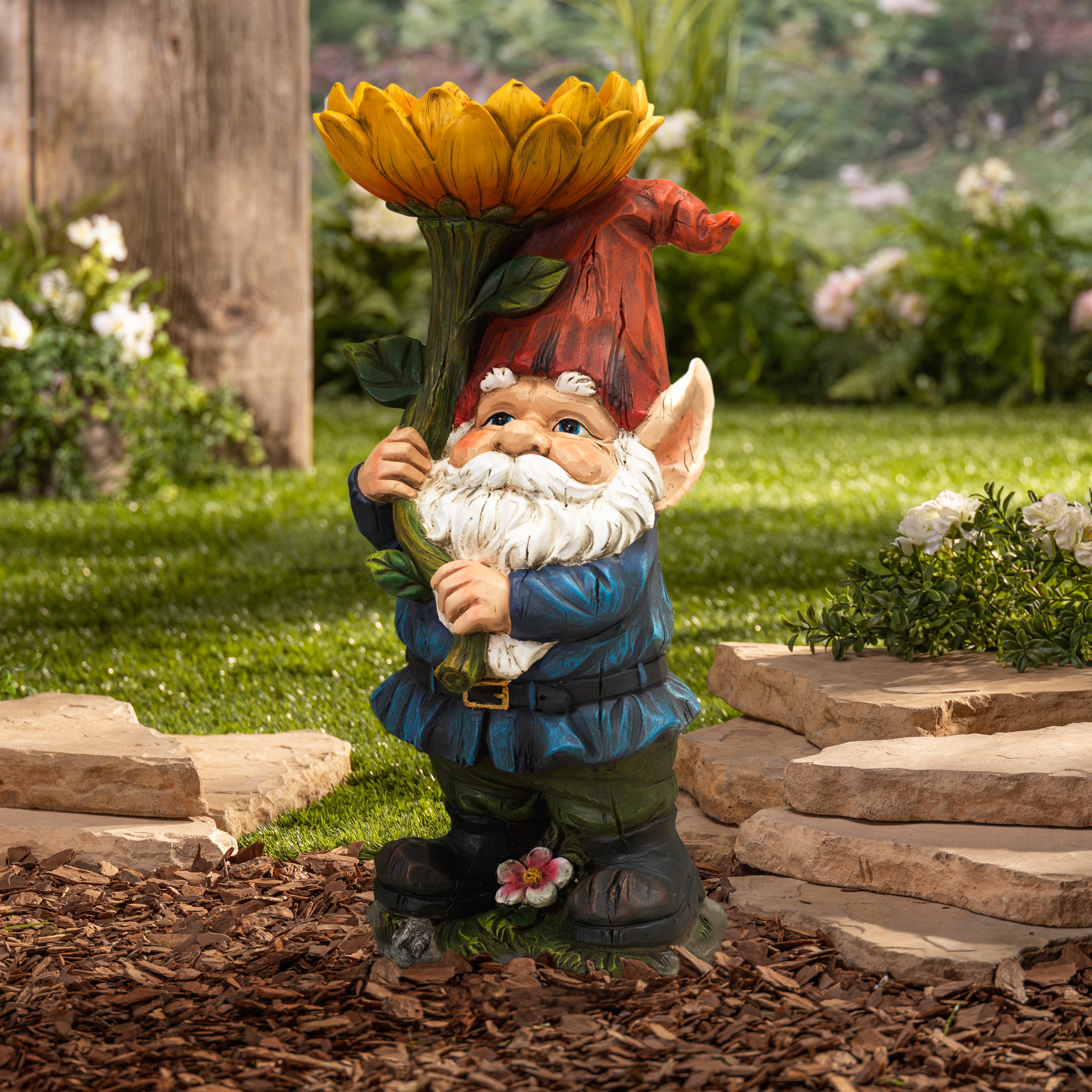 18.9 Inch Whimsical Resin Gnome with Sunflower Figurine